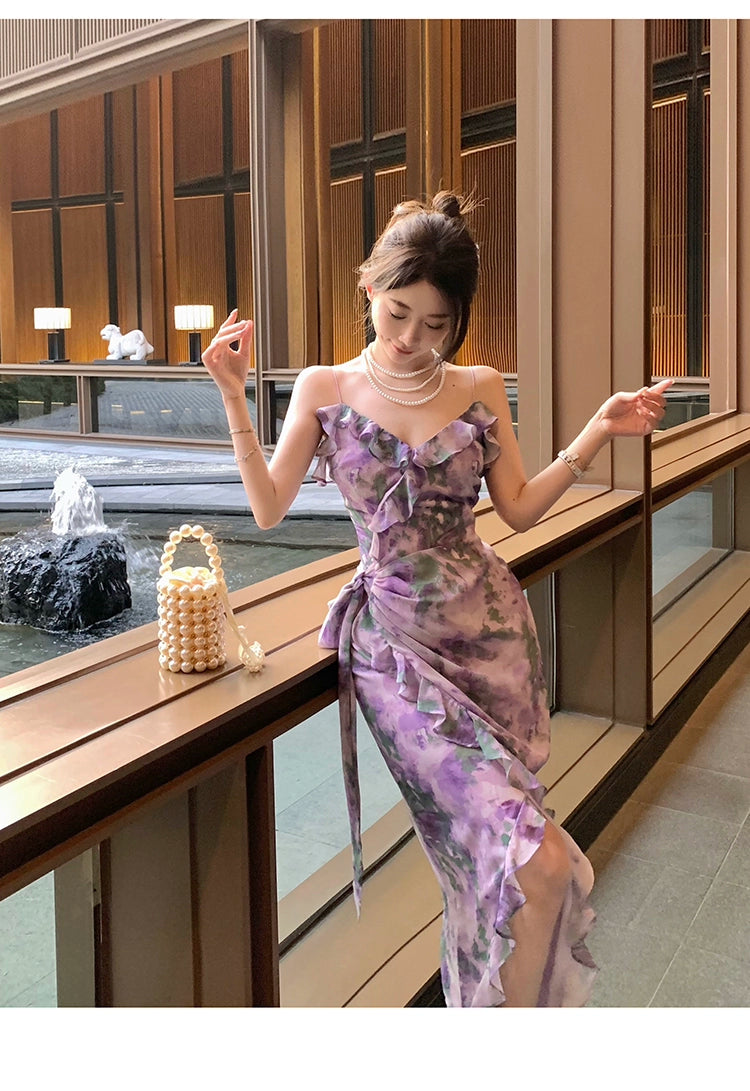 Fashion women's wear Purple Retro Irregular Yunnan Wear Travel Chiffon Floral Strap Dress Seaside Beach Skirt Summer