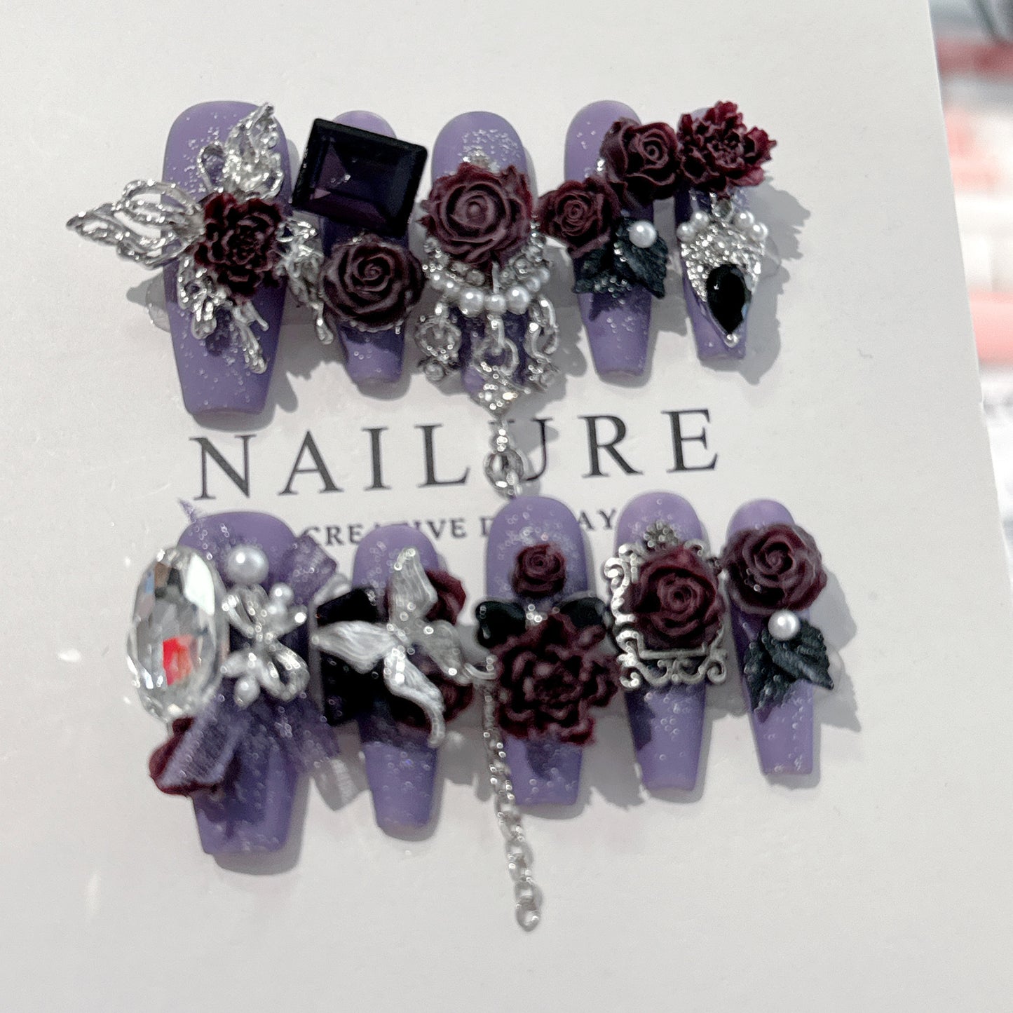 (Hand-Made Nail) Original Manicure Midnight Rose Moon Night Palace Light Luxury Heavy Industry Wear Nail Senior Nail Patch