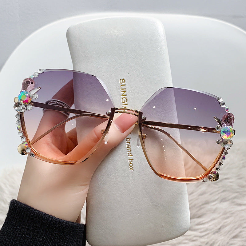 Women's fashion glasses 跨境大框水钻太阳镜无框防晒防紫外线墨镜个性女大脸显瘦带钻潮牌