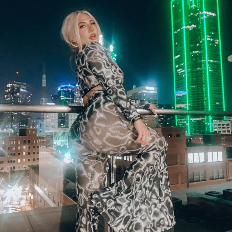 Fashion women's wear Q21pt540 Cross-Border Autumn New Printed High Waist Voile Micro Transparent Fashion Casual Women's Long Bell-Bottom Trousers