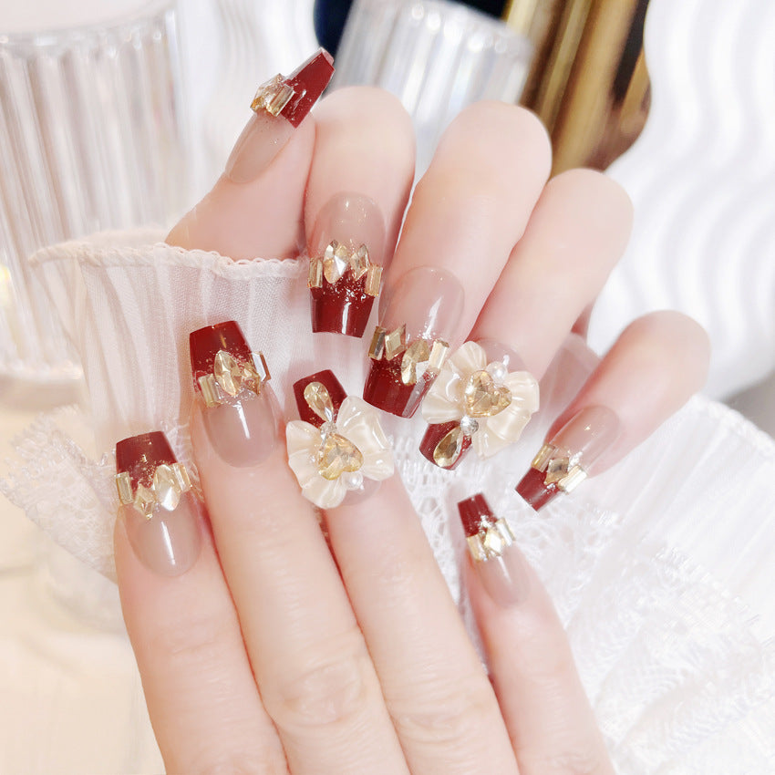 Fashion  nail New Year Manicure Wear Nail Ins Advanced Pure Desire Wind Nail Patch Finished Product Wear Nail Rhinestone Bow U23