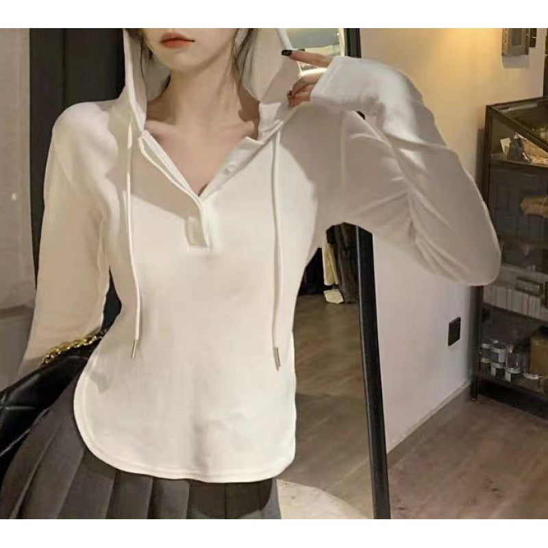 Dopamine tops Free shipping Tattoo Hooded bottoming shirt women's autumn Korean version 2024 new design slim T-shirt sweet cool babes long-sleeved top tide