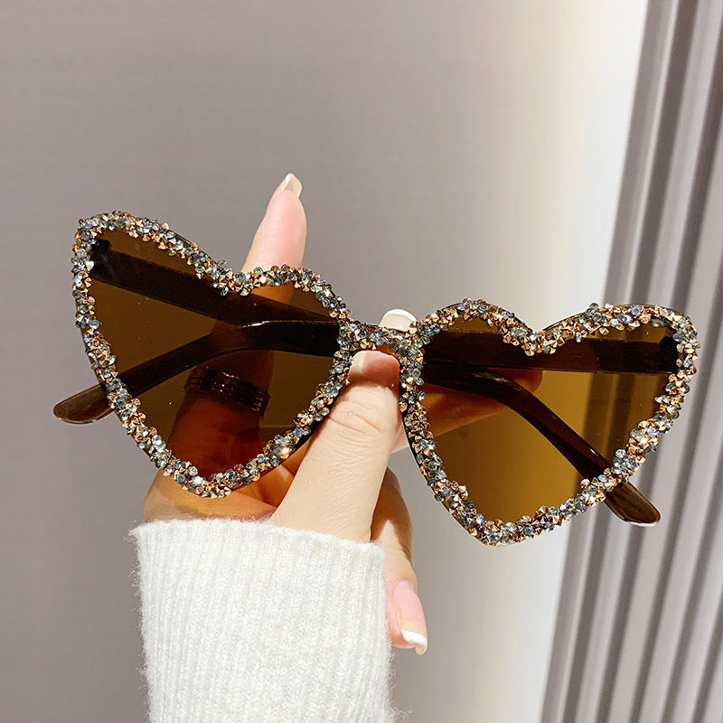 Women's fashion glasses 糖果色爱心镶钻太阳镜女士欧美潮流桃心无框海洋镜片派对墨镜