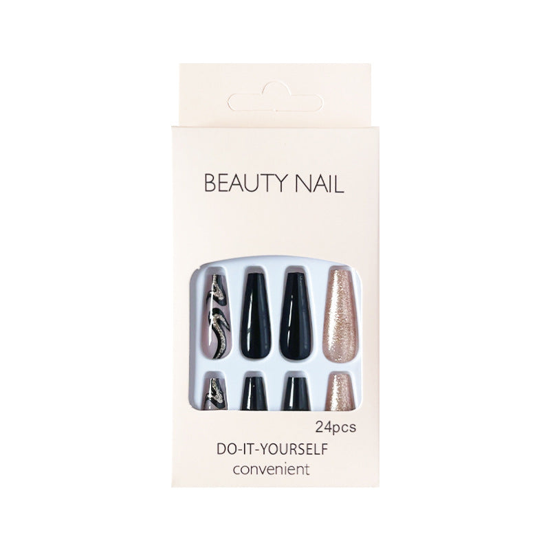 黑色金闪穿戴甲法式nails 跨境美甲片外贸假指甲棺材甲型美甲贴片