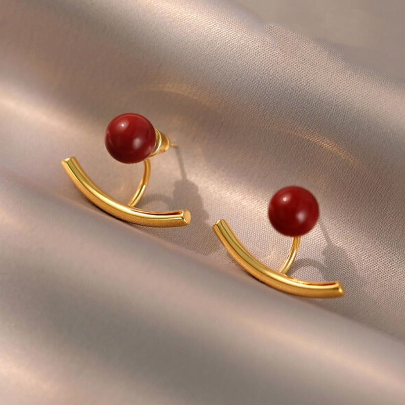 银针弧形珍珠几何耳环新年时尚气质耳钉复古高级感百搭耳饰批发女