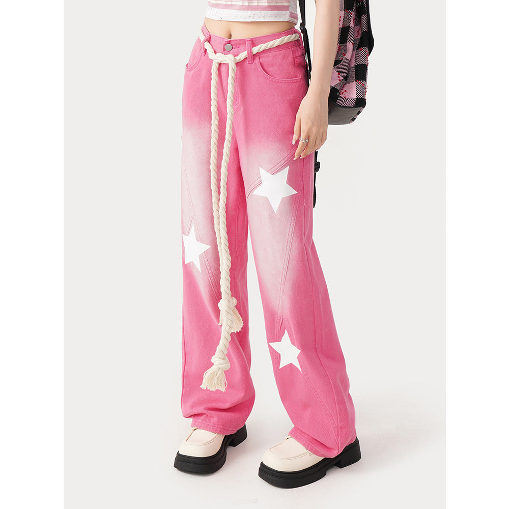 Free shipping  Dopamine wears pink star embroidered jeans for women's summer new high-waisted and thin straight wide-leg trousers pants