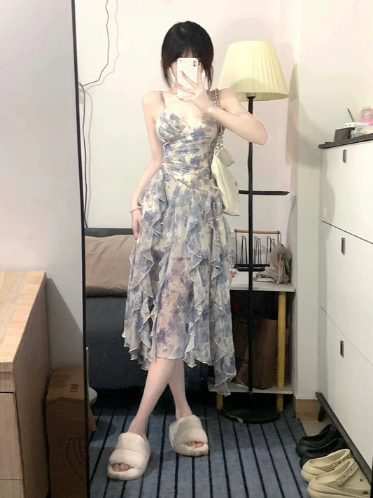 Fashion women's wear Floral Dress Women's Summer French Style High Sense Temperament Long Dress Tight Waist Seaside Vacation Small Suspender Dress