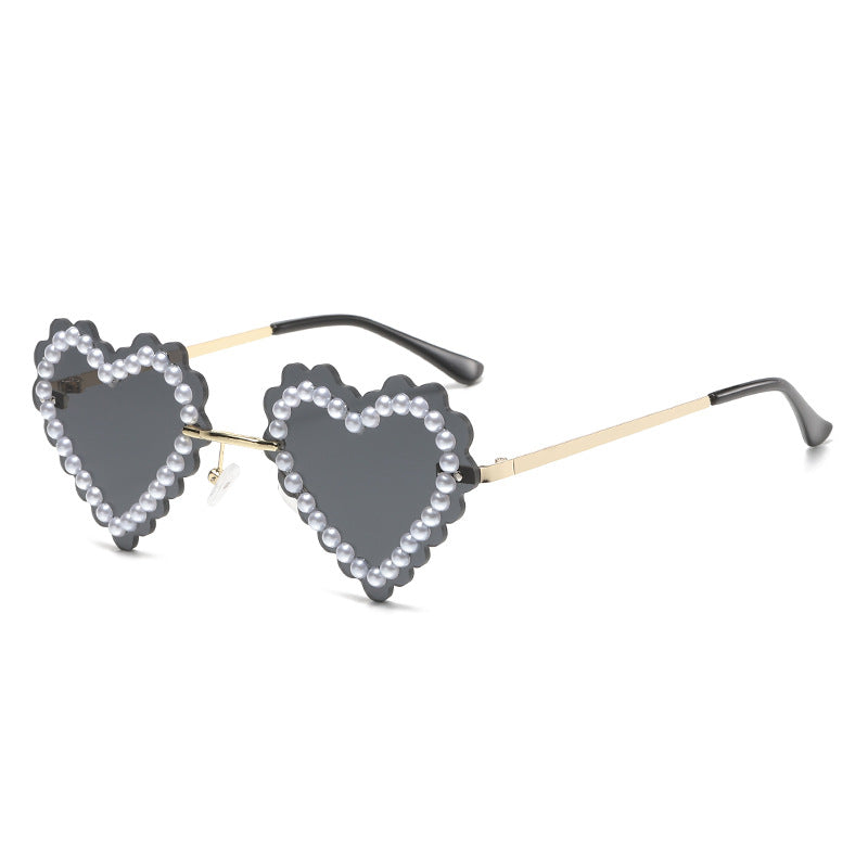 Women's fashion glasses 欧美新款无框切边镶珍珠爱心太阳镜网红街拍墨镜跨境水钻潮眼镜
