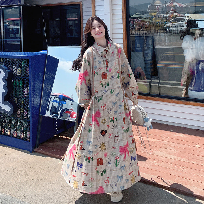 Dopamine dress Free shipping Tattoo Design sense niche printing graffiti dopamine printing polo collar long dress spring and autumn new Korean version loose dress
