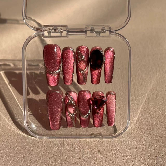 New Year White and Red Cat's Eye Hand-Worn Nail Ruby Red Xiaohongshu Hot Sale