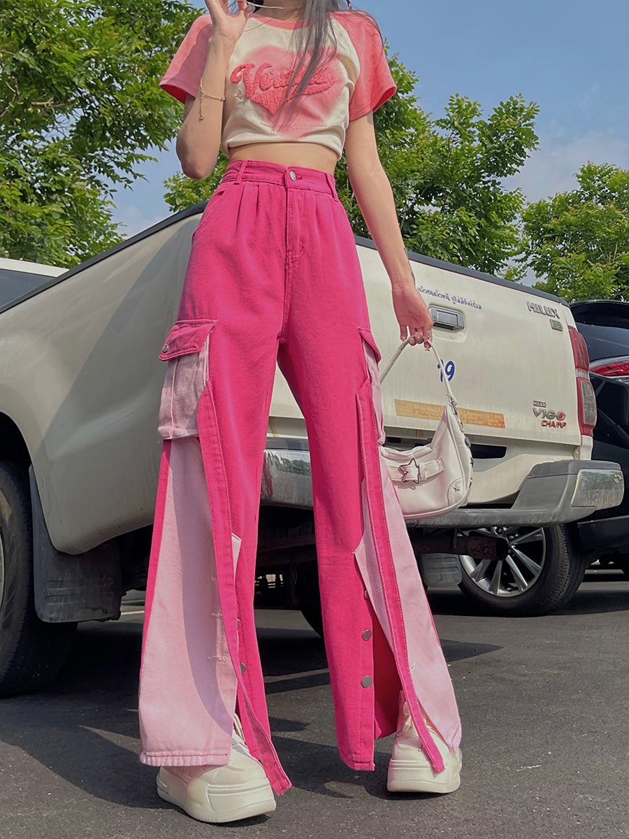 Dopamine pants Free shipping Tattoo Pink tooling jeans women's spring spice girl dopamine high waist temperament design sense color matching straight trousers