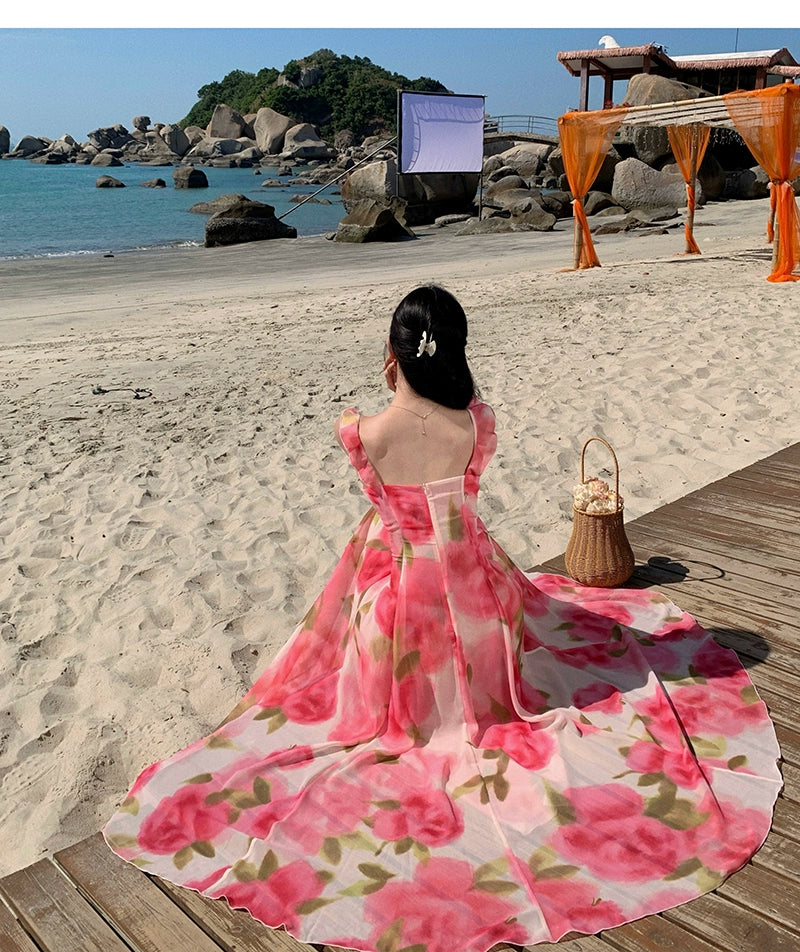 Fashion women's wear Tea Break French Chiffon Sling Dress Fairy Summer Sanya Seaside Vacation Beach Swing Long Dress Elegant