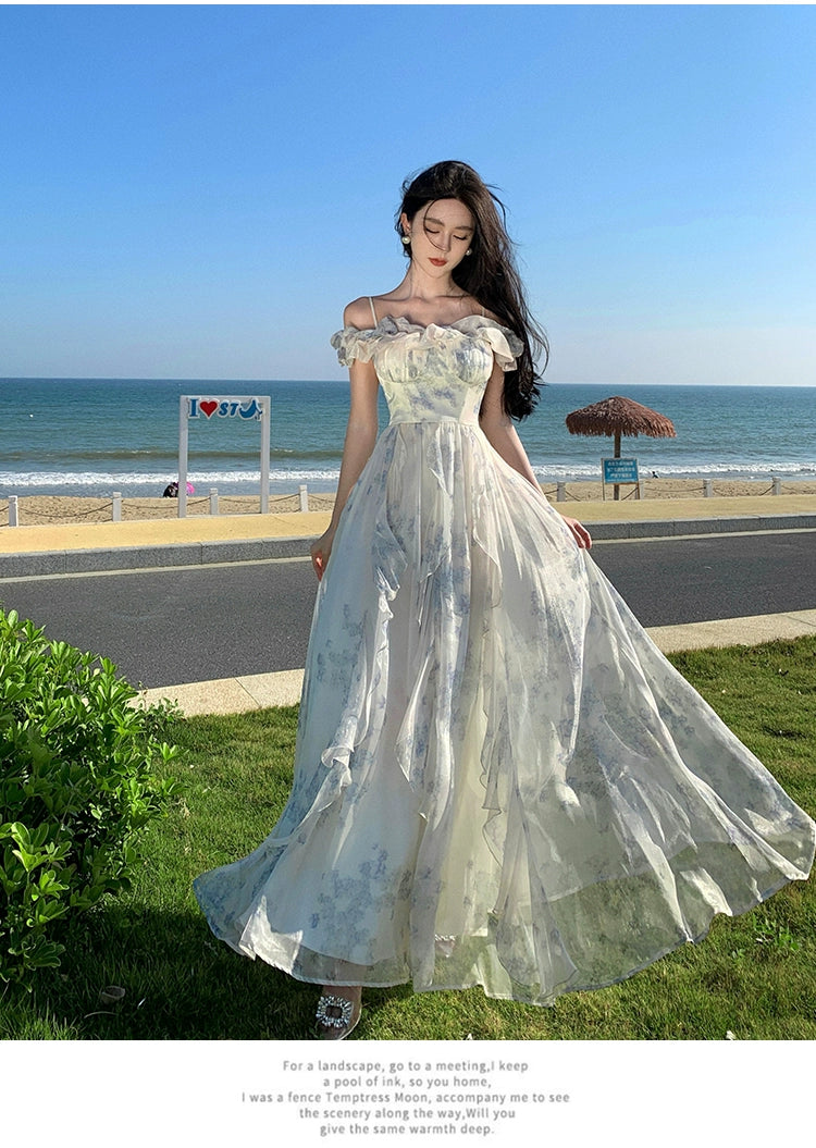 Fashion women's wear Seaside Vacation Style Suspender Skirt Yarn French Ruffled Beach Dress Atmosphere Long Skirt Elegant Fairy Style