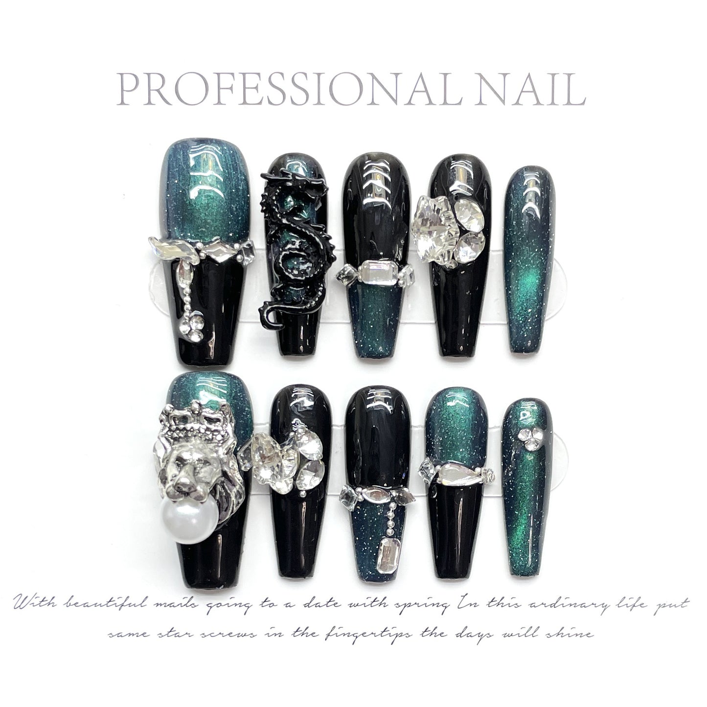 (reusable nail)Dragon Lion Cat Eye Dark Wind High Grade Black Green Cat Eye Wearing Armor Light Luxury Explosive Sparkling Long Style Diamond Nail Patch Wholesale