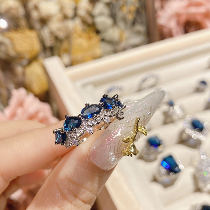 山茶高定珠宝设计蓝刚玉彩宝戒指  法式奢华高级仿天然透辉石指环