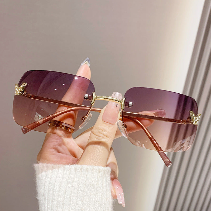 Women's fashion glasses 2023新款无框切边太阳镜女海洋片方形镶钻蝴蝶时尚渐变色墨镜街拍