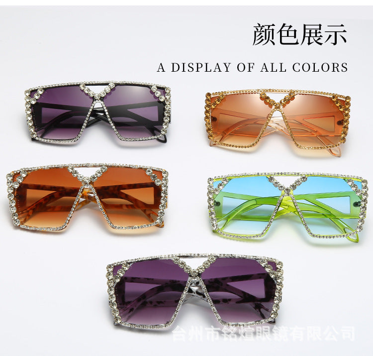 European and American personality large frame diamond sunglasses, exaggerated round face, UV resistant sunglasses, large box outdoor sunglasses for women