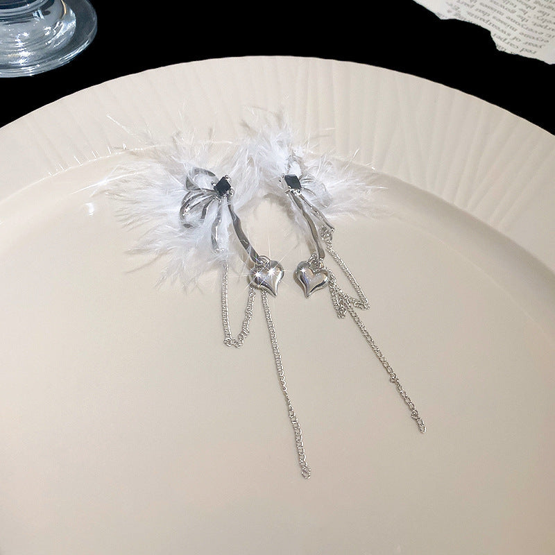 超仙羽毛珍珠流苏耳挂小众个性设计感无耳洞耳环ins气质耳饰批发