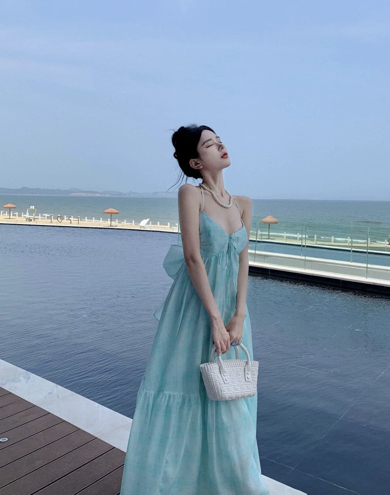 Fashion women's wear French Pure Desire Style Sexy Backless Halter Sling Dress Fairy Temperamental Beautiful Seaside Vacation Beach Dress