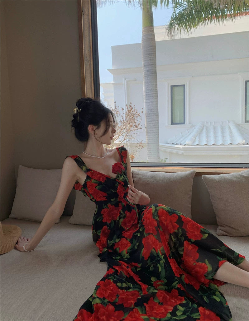 Fashion women's wear French Retro Tea Break Sling Ankle-Length Dress Women's Summer Seaside Holiday V-neck Rose Backless Slimming Dress