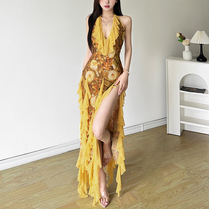 Free shipping  summer new sexy ruffle edge vacation style Spice girl neck suspender skirt woman dress