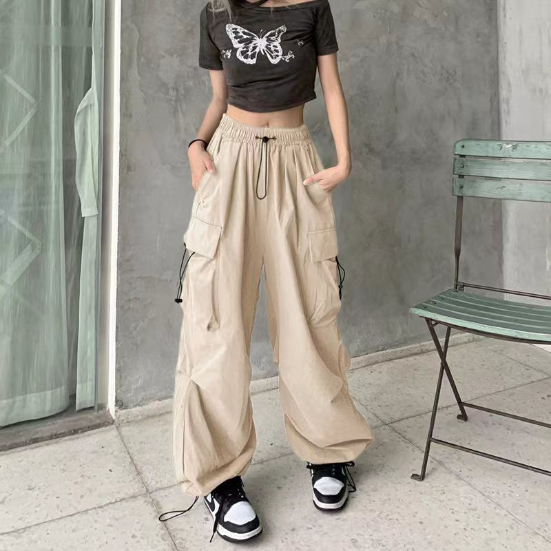 Fashion women's wear Overalls Women's 2024 Summer New American Parachute Pants High Waist Wide Leg Leisure Drawstring Sports Pants Fashion