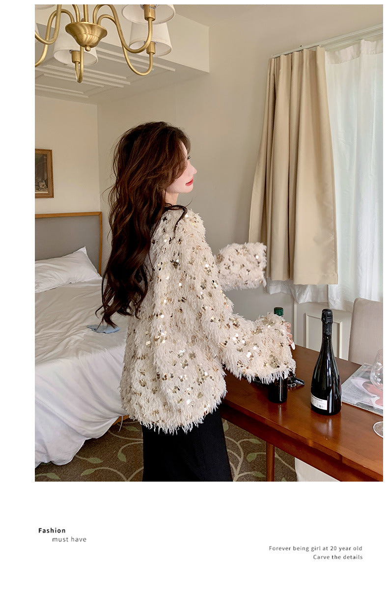 Fashion women's wear Real Shot Shiny Annual Meeting Festival Atmosphere Handmade Sequined Feather V-neck Sweater Spring Inner Wear Sweet Dress