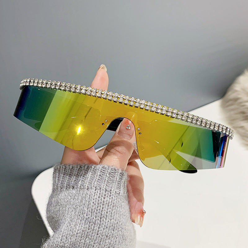 Women's fashion glasses 2023跨境爆款一体太阳镜 欧美个性镶钻连体骑行眼镜 嘻哈运动墨镜