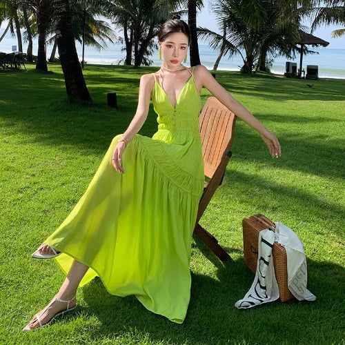 Fashion women's wear Summer Dopamine Seaside Vacation Deep V Dress Green Suspenders Ankle-Length Dress Sanya Slimming Beach Skirt Female