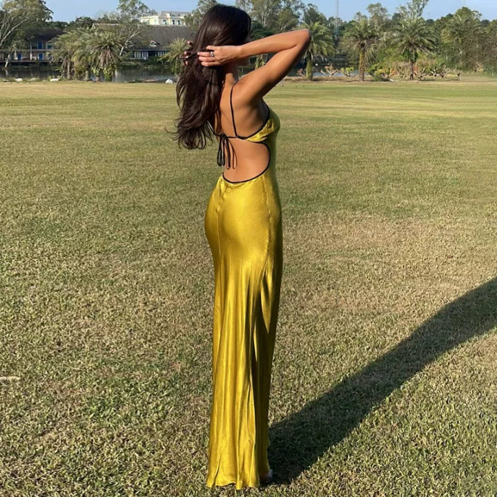 Fashion women's wear High-Grade Solid Color Satin Sling Dress Special-Interest Design French Style Temperament Hot Girl Seaside Vacation Slim Fit Long Dress