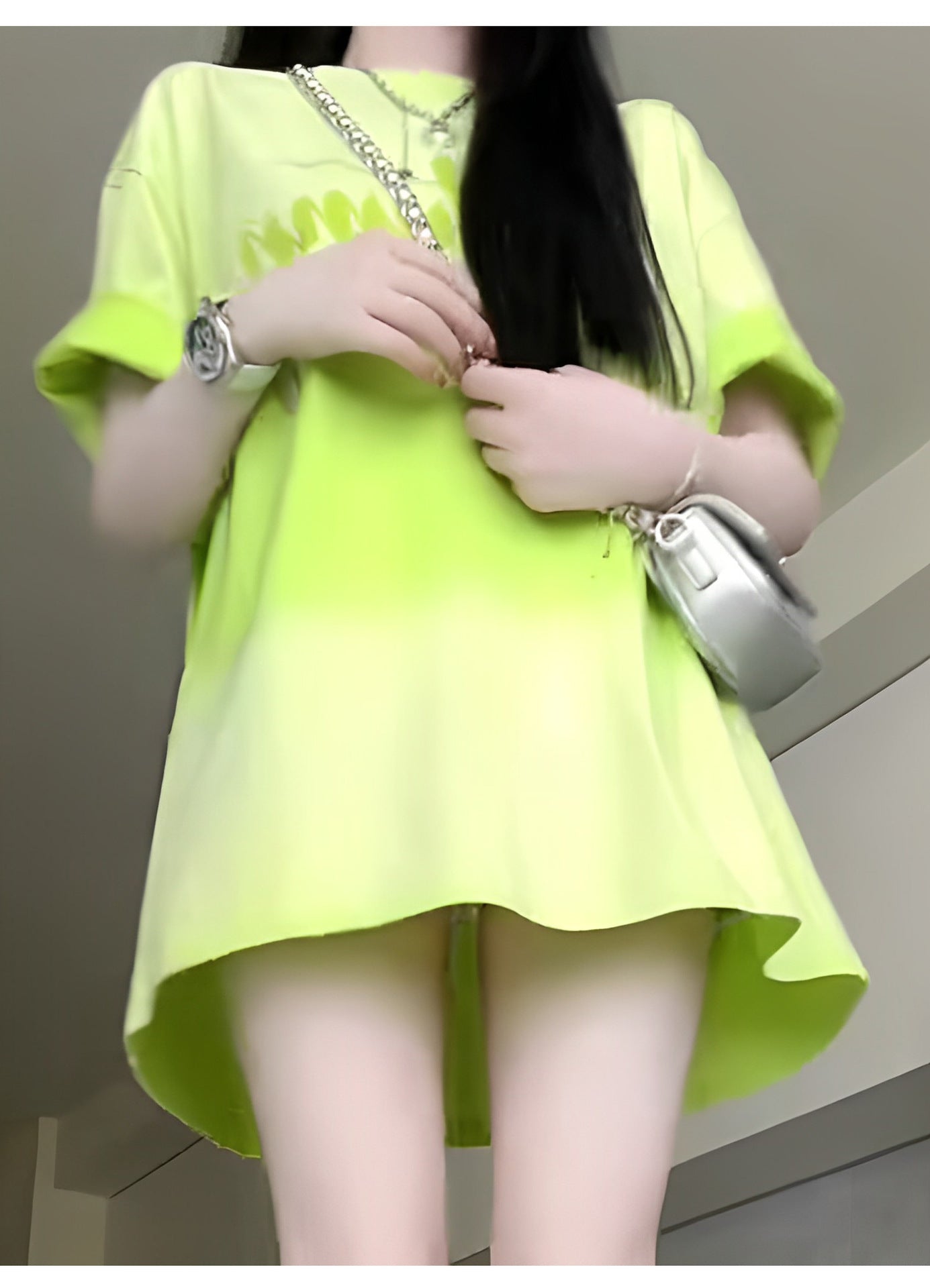 Dopamine tops Free shipping Tattoo Long green short-sleeved women's t-shirt summer design feeling fresh and loose big version top dopamine wear 7632