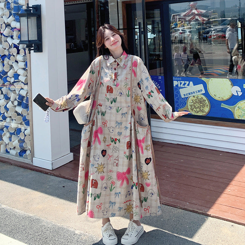 Dopamine dress Free shipping Tattoo Design sense niche printing graffiti dopamine printing polo collar long dress spring and autumn new Korean version loose dress