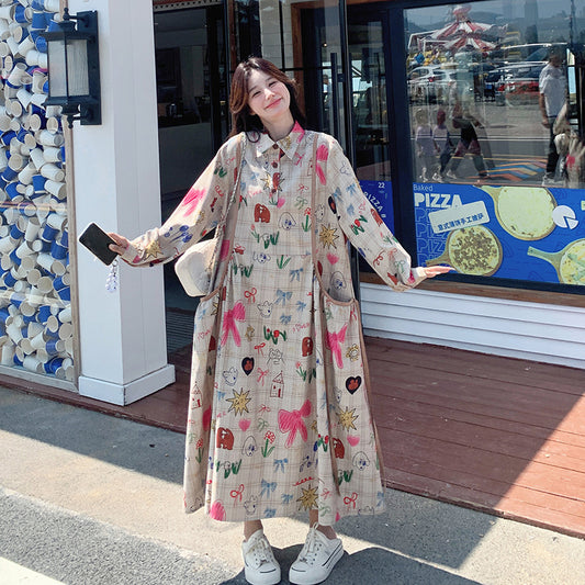 Dopamine dress Free shipping Tattoo Design sense niche printing graffiti dopamine printing polo collar long dress spring and autumn new Korean version loose dress