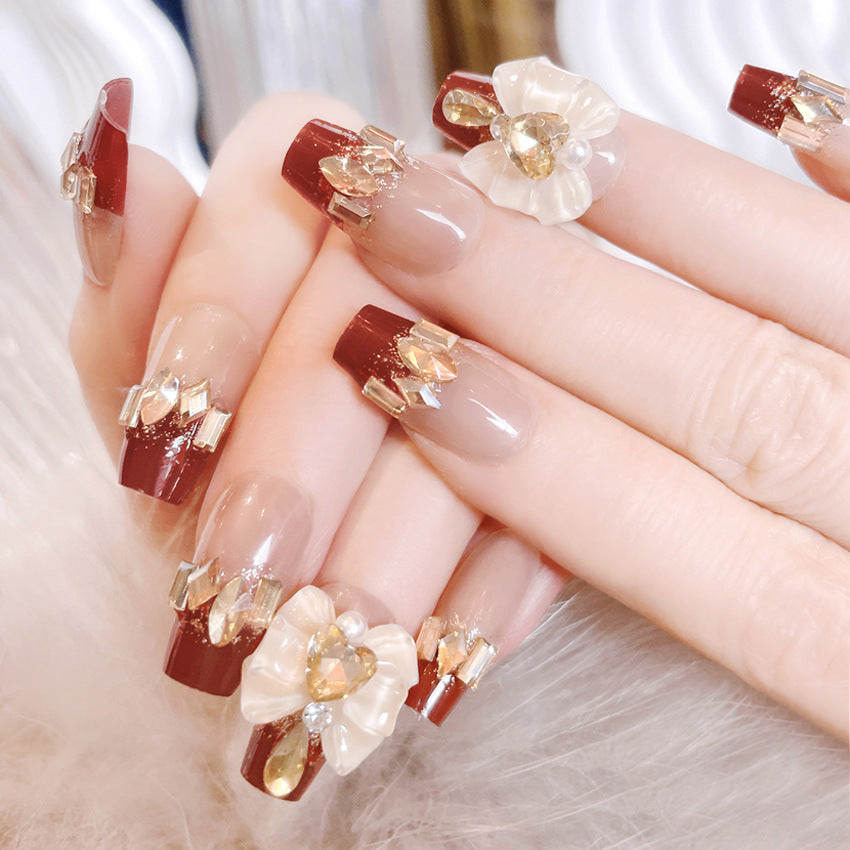 Fashion  nail New Year Manicure Wear Nail Ins Advanced Pure Desire Wind Nail Patch Finished Product Wear Nail Rhinestone Bow U23