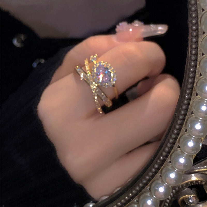 真金电镀精致百搭锆石开口戒指女轻奢小众叠戴个性设计食指戒批发