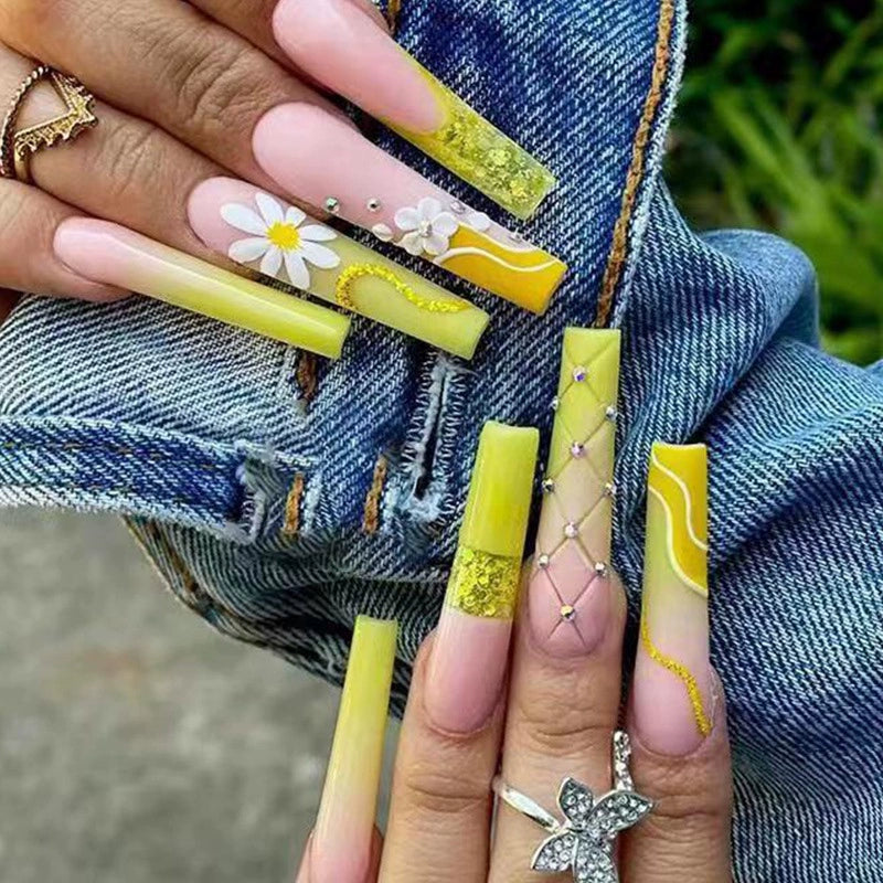 (Hand made nail) European and American Spicy Girl Super Long Instagram Dark Small Stand Retro Trapezoidal Shining Diamond Beauty False Nail Patch Detachable Wearable Nail