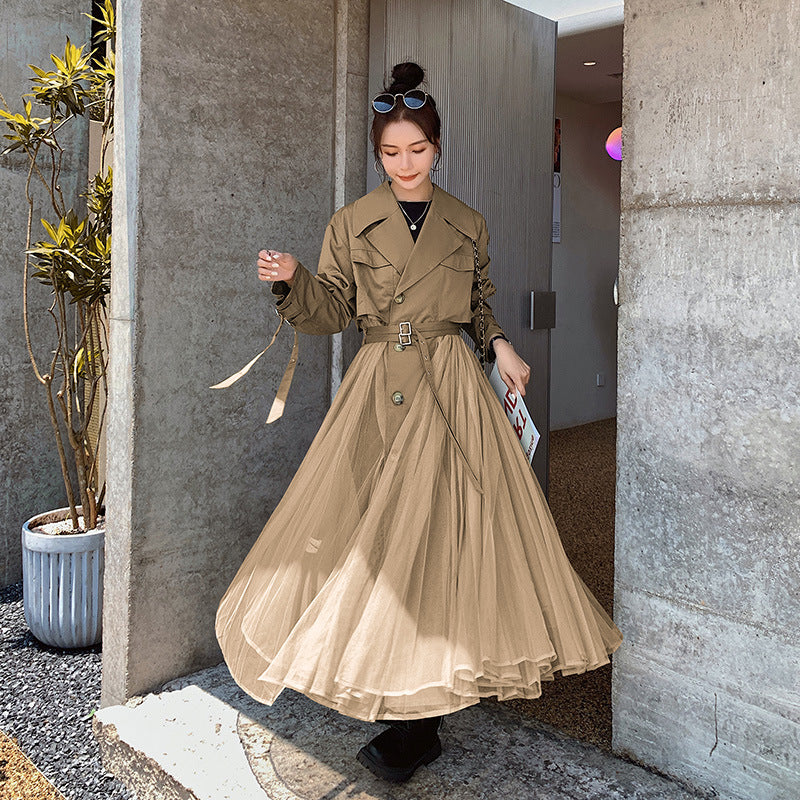 Fashion women's wear A Large Number of in Stock 2024   Purpleflower Holly Leaf Spring and Autumn Trench Coat Women's French Mesh Stitching Casual Temperament Coat