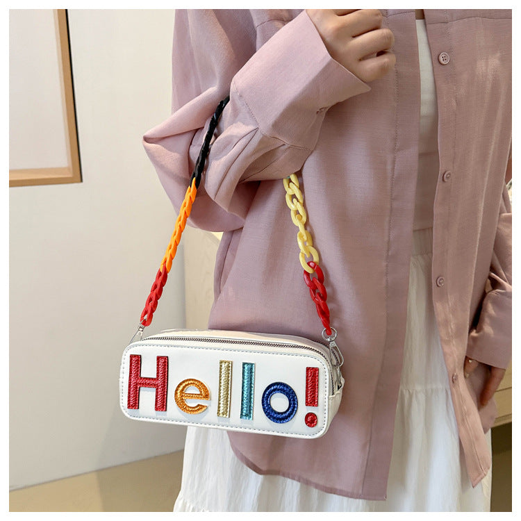 Dopamine Bag Free shipping Tattoo Cross-border women's bags, new dopamine contrasting letters, fashion camera bags, zipper, small square bag, acrylic chain, single shoulder.