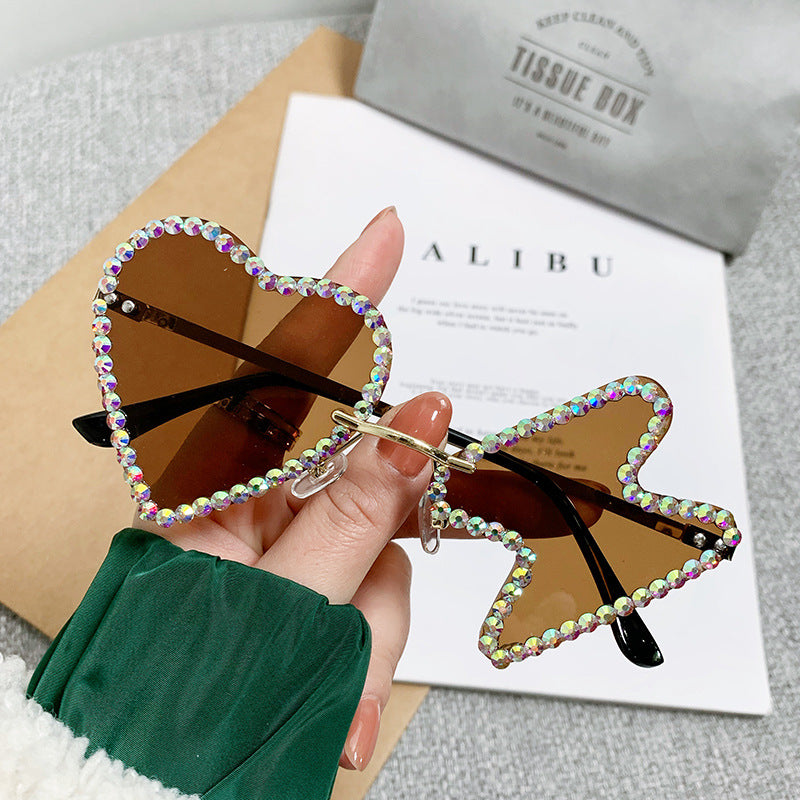 Women's fashion glasses 跨境太阳镜女欧美个性无框镶钻金属水钻墨镜舞会派对搞怪嘻哈眼镜
