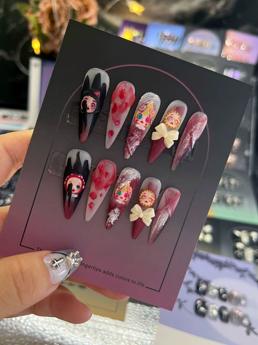 (Hand-made nail) red wearing armor long high-end sweet cool Japanese hot girl European and American handmade personality cyberpunk New Year's nail art