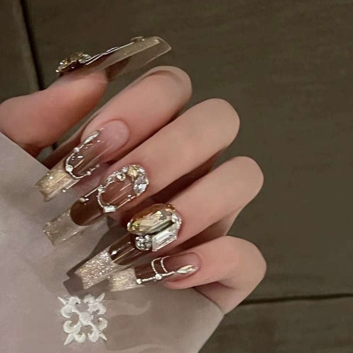 (Hand-Made Nail) Gorgeous and Rich Nail Beauty Rich Socialite European and American Long Ladder French Cat Eye Gradient Autumn Long Detachable Wear Nail