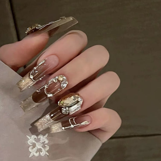(Hand-Made Nail) Gorgeous and Rich Nail Beauty Rich Socialite European and American Long Ladder French Cat Eye Gradient Autumn Long Detachable Wear Nail