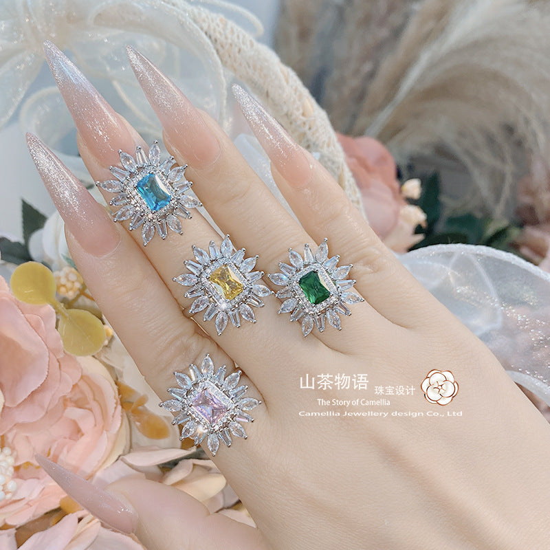 Camellia名缓少女仿帕帕拉恰宝石戒指 彩宝微镶黛粉锆石开口指环