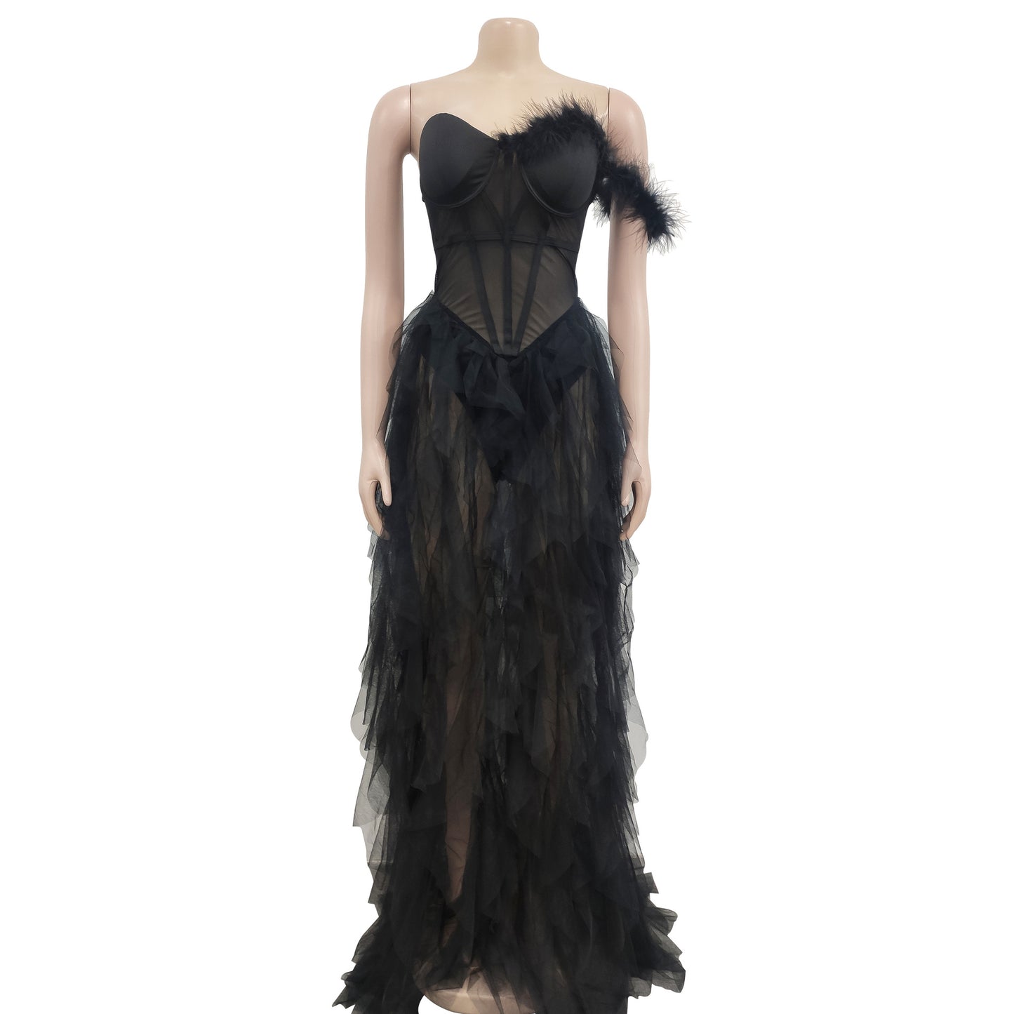Fashion women's wear X6223 Cross-Border  Fashion Women's Wear Solid Color Sleeveless Chest Wrap Mesh Long Dress Dress