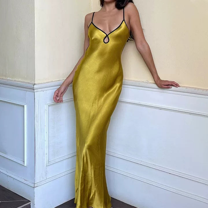 Fashion women's wear High-Grade Solid Color Satin Sling Dress Special-Interest Design French Style Temperament Hot Girl Seaside Vacation Slim Fit Long Dress