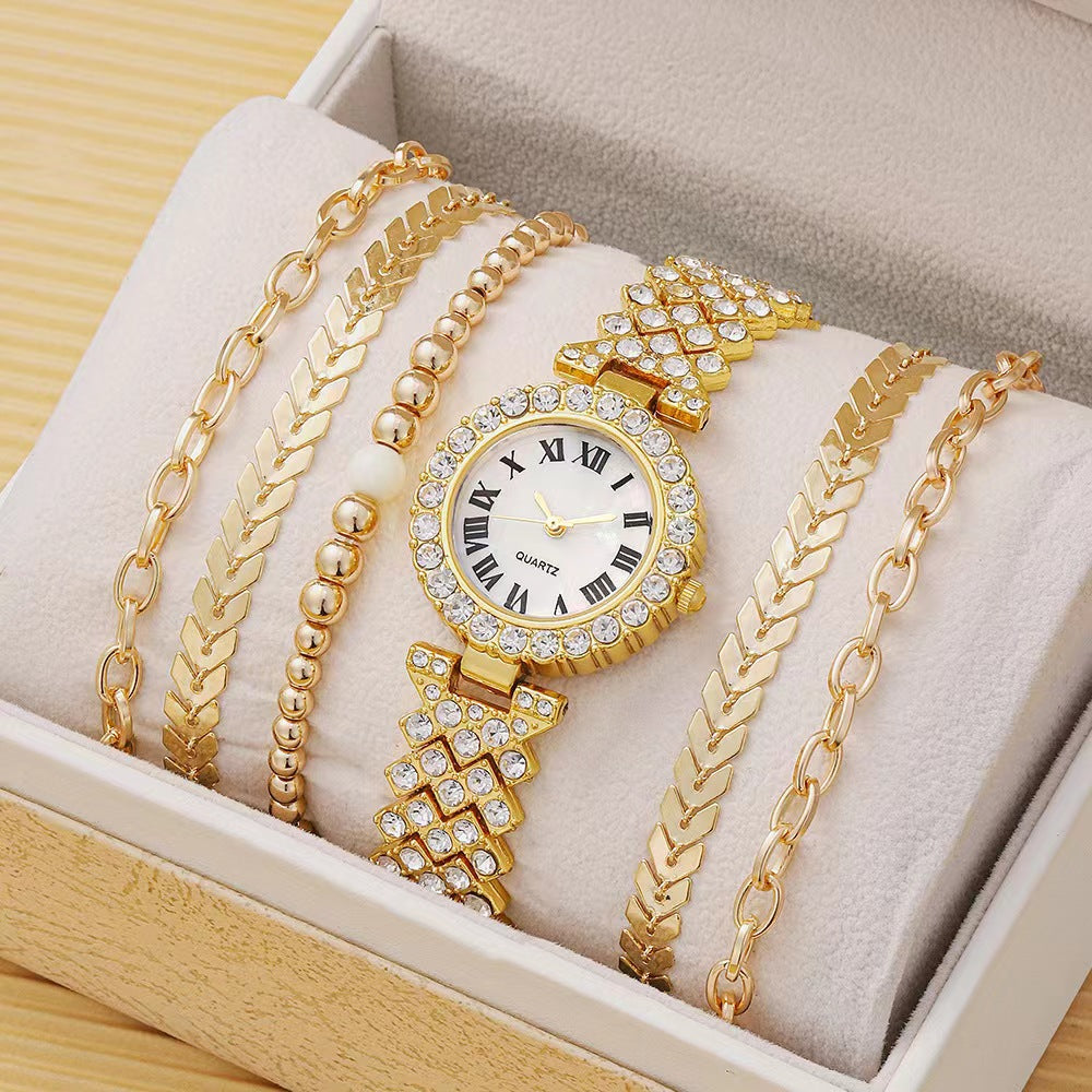 Fashion women's watch2023 New Foreign Trade Cross-Border Hot Casual Fashion Diamond-Embedded Simple Roman Pattern Women's Watch Six-Piece Gift Box