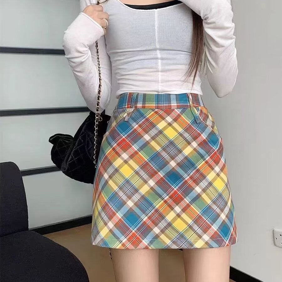 Dopamine dress Free shipping Tattoo Spring, autumn and winter American retro dopamine color skirt fat mm women's high waist and thin hip covering plaid hip wrap skirt