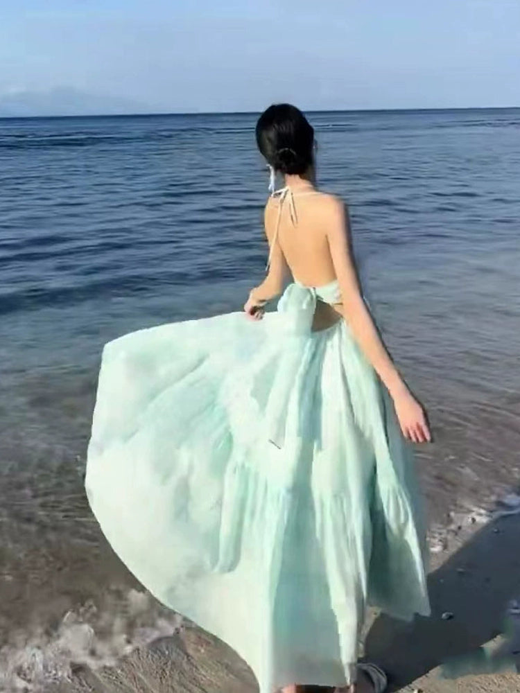 Fashion women's wear French Pure Desire Style Sexy Backless Halter Sling Dress Fairy Temperamental Beautiful Seaside Vacation Beach Dress