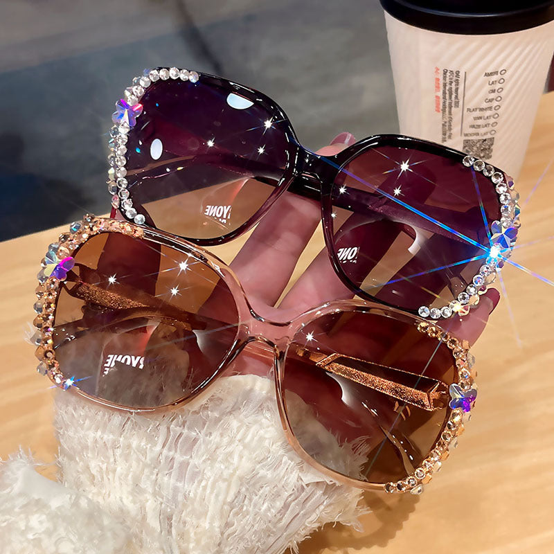 Women's fashion glasses 2023欧美新款偏光水钻太阳镜ins防晒防紫外线墨镜女大脸显瘦带钻