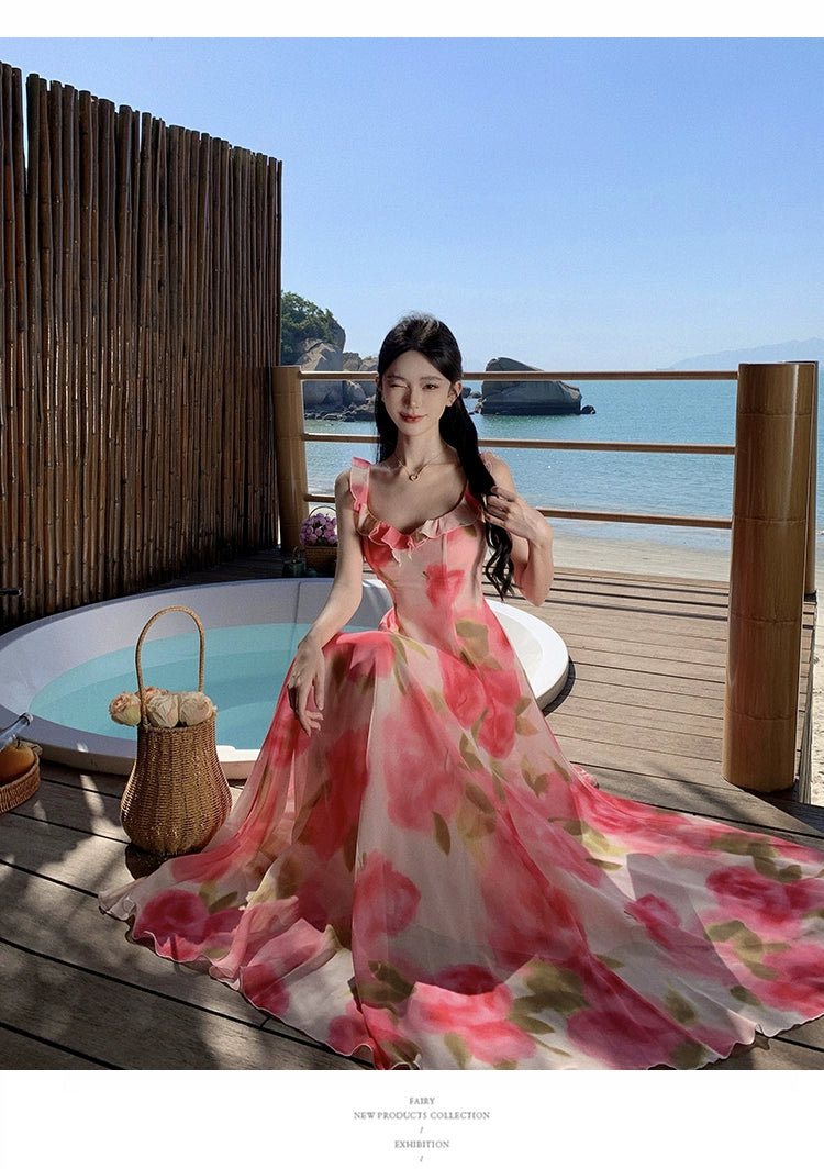 Fashion women's wear Tea Break French Chiffon Sling Dress Fairy Summer Sanya Seaside Vacation Beach Swing Long Dress Elegant